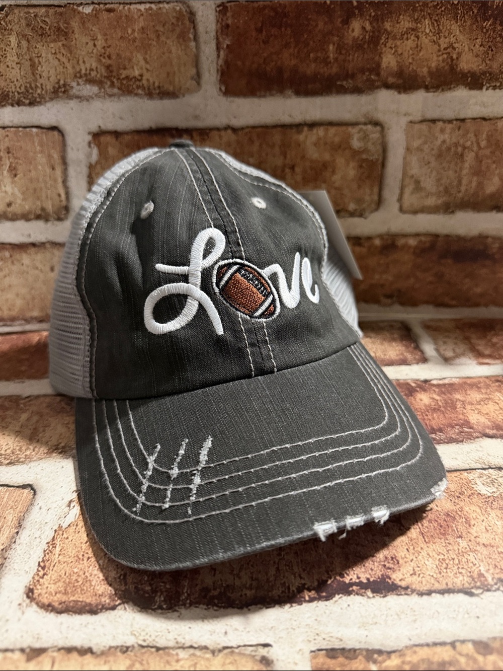 Katydid Grey and White 'Love' Football Patch Trucker Hat
